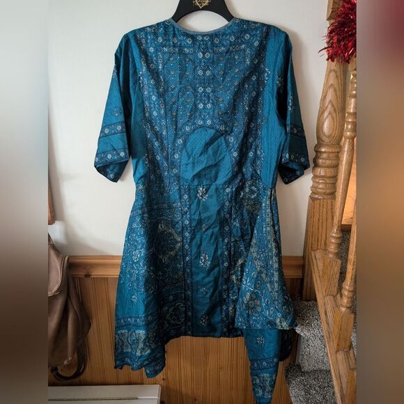 Ritu Kumar 100% Silk Paisley Floral Indian Blue Dress Size Large - Picture 7 of 10